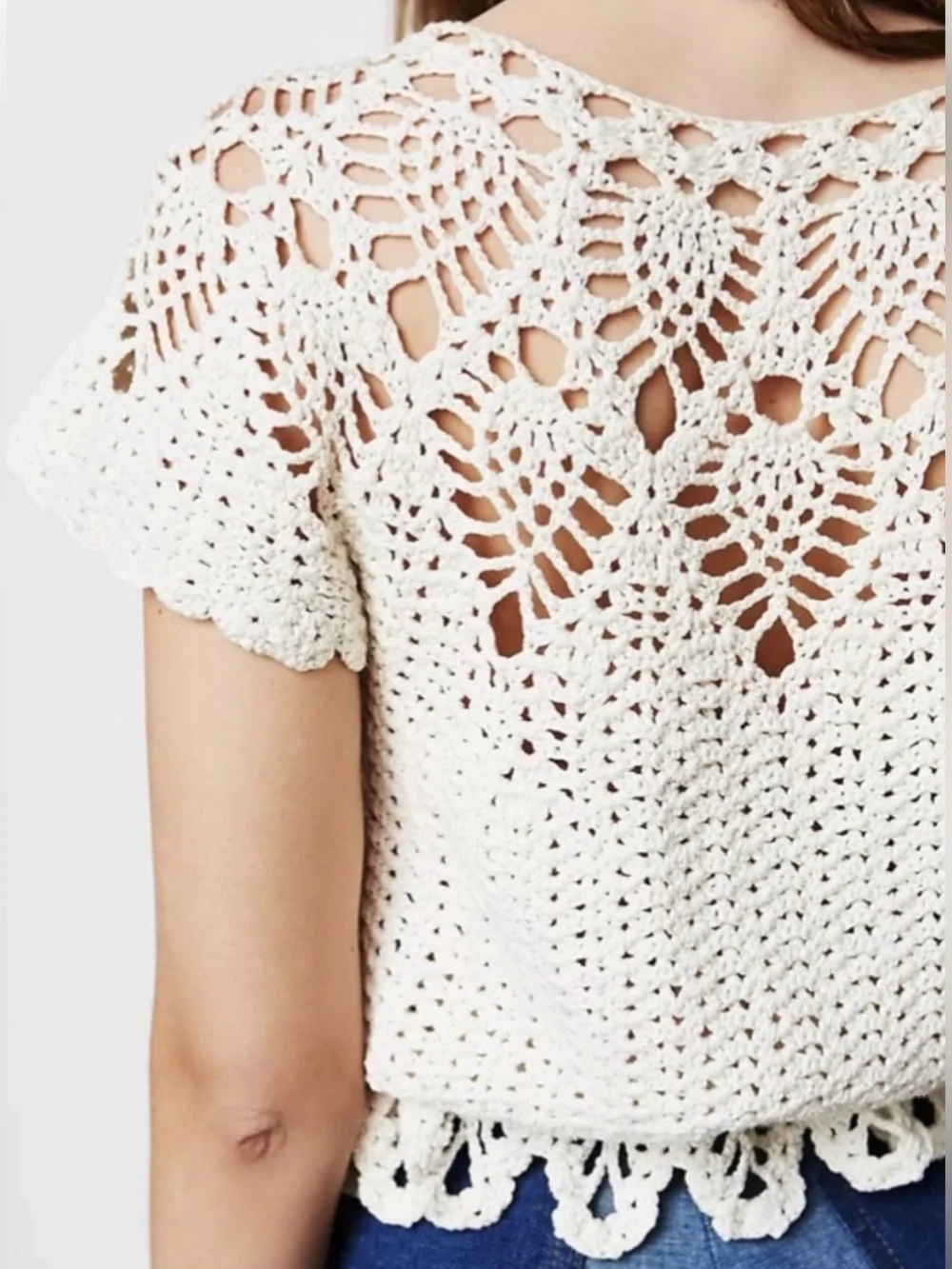 Free People Vintage 60s Crochet Tie Waist Top Ivory OS